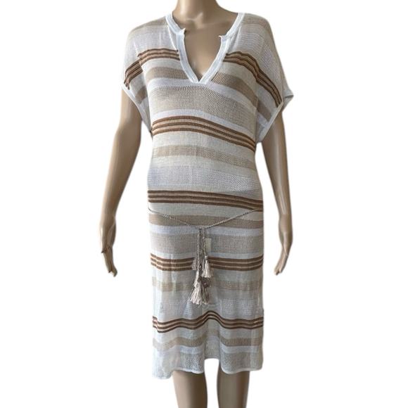 NWD Chicos Tan & White Loose Knit Pullover Tassel Tie Swim Suit Coverup US Large - Picture 1 of 12